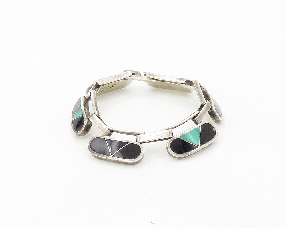 MEXICO 925  Silver  Vintage Malachite & Black Onyx Chain Bracelet  BT6875