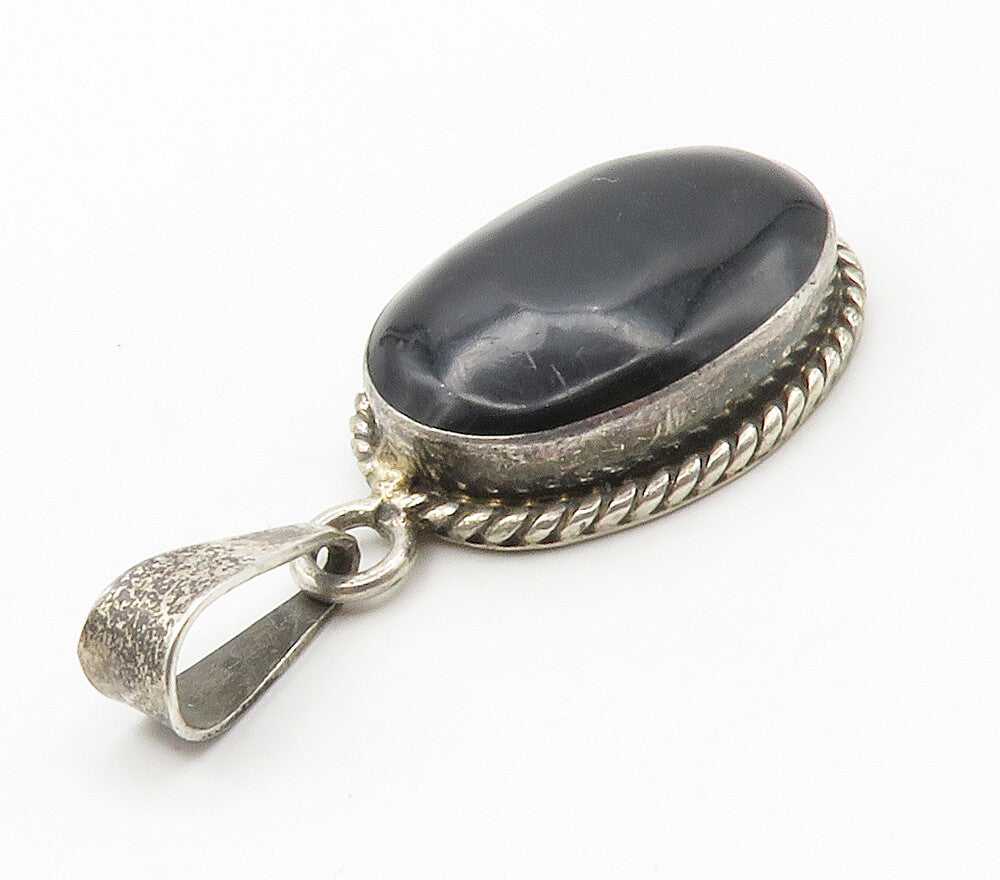 MEXICO 925 Sterling Silver  Vintage Cabochon Cut Black Onyx Pendant  PT11744