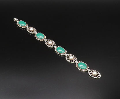 MORALES MEDRANO 925 Silver  Vintage Green Onyx & Bead Ball Bracelet  BT9678
