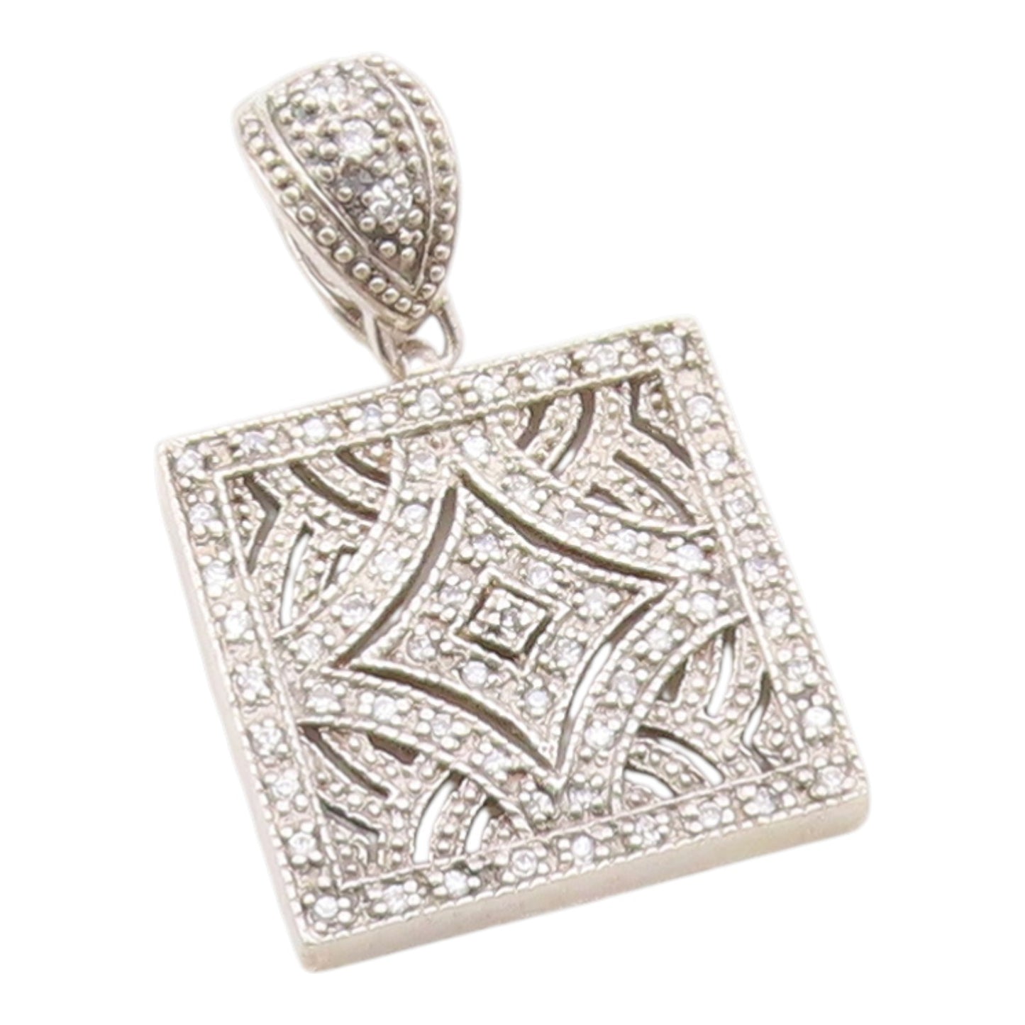 925 Sterling Silver Vintage Pendant White Topaz Geometric Square Charm  PT26332