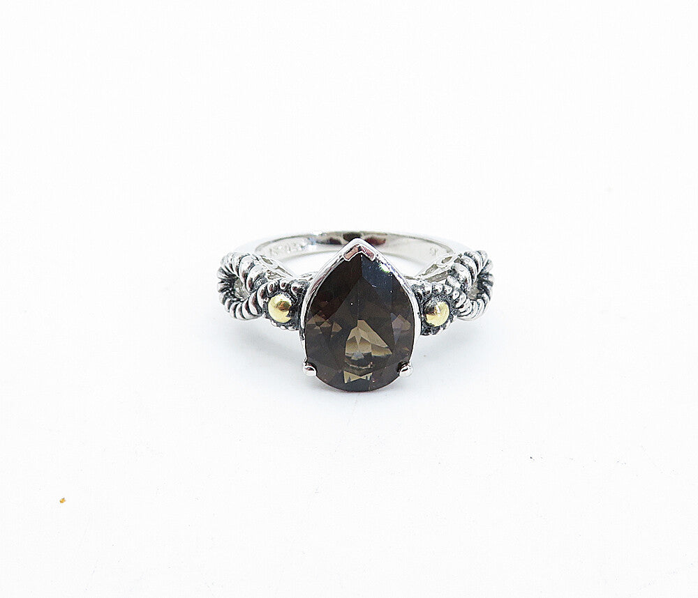925 Silver & 18K GOLD  Smoky Topaz Two Tone Twist Solitaire Ring Sz 5  RG3945