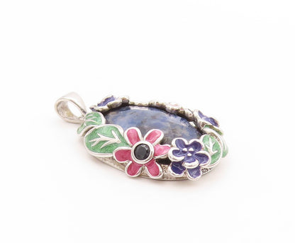925 Sterling Silver Vintage Pendant Oval Gemstone Halo Enameled Flowers  PT24157