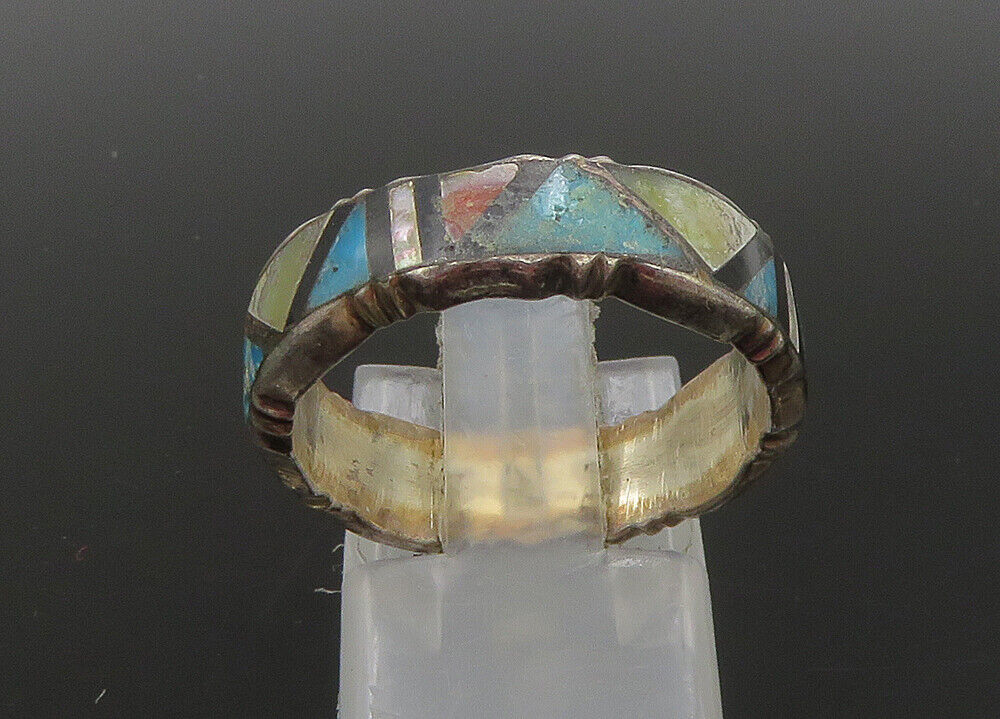 ZUNI NAVAJO 925 Silver  Vintage Turquoise & Mother Of Pearl Ring Sz 8  RG22896