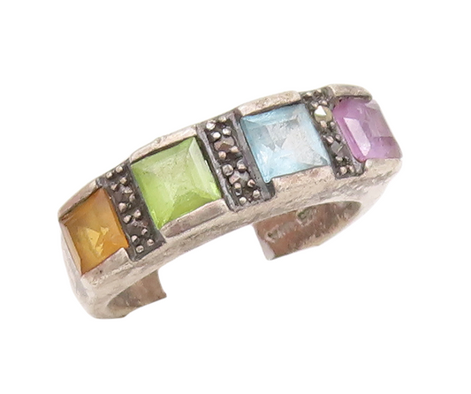925 Sterling Silver Vintage Ring Multi Color Topaz & Marcasite  Sz 6  RG29062