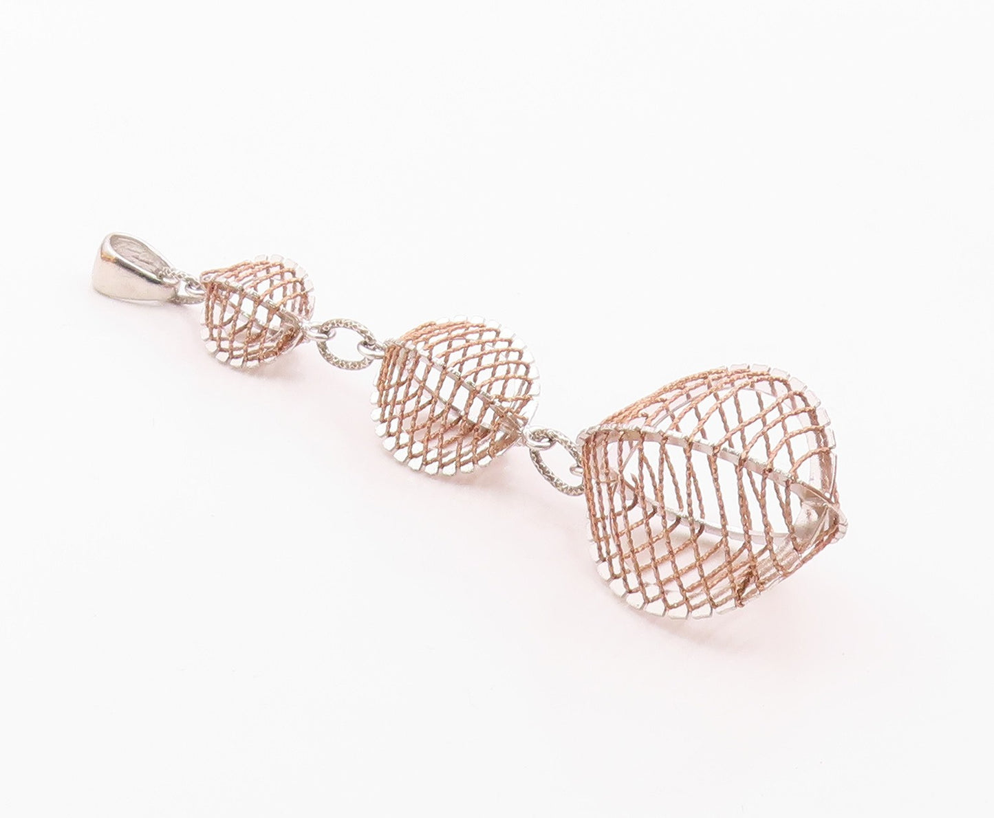 925 Sterling Silver  Shiny Two Tone Graduated Cage Drop Pendant  PT14516