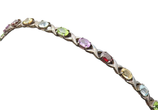 925 Sterling Silver  Vintage Multi Color Topaz & Cross Link Bracelet  BT9989