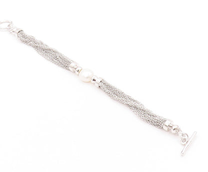 925 Sterling Silver Vintage Bracelet Modernist Pearl & Mesh Chain  BT11252