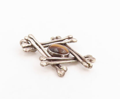 925 Sterling Silver Vintage Pendant Cabochon Tiger's Eye Modernist Grid  PT25442