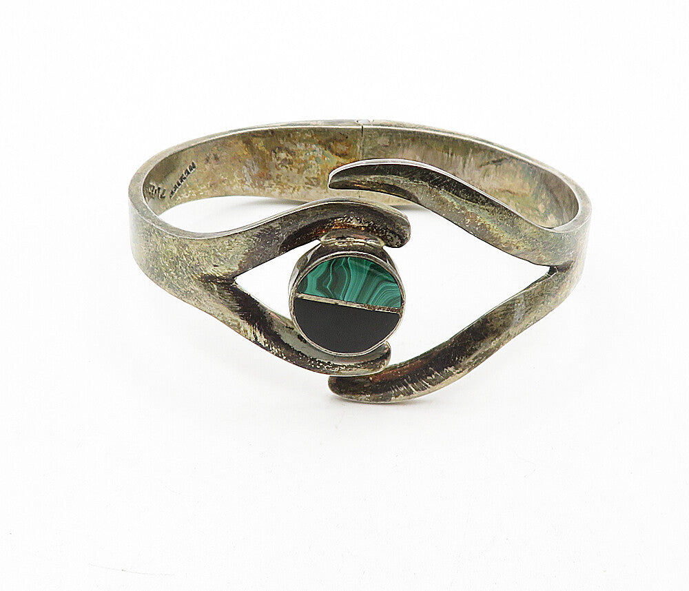 MEXICO 925 Silver  Vintage Black Onyx & Malachite Bangle Bracelet  BT1692