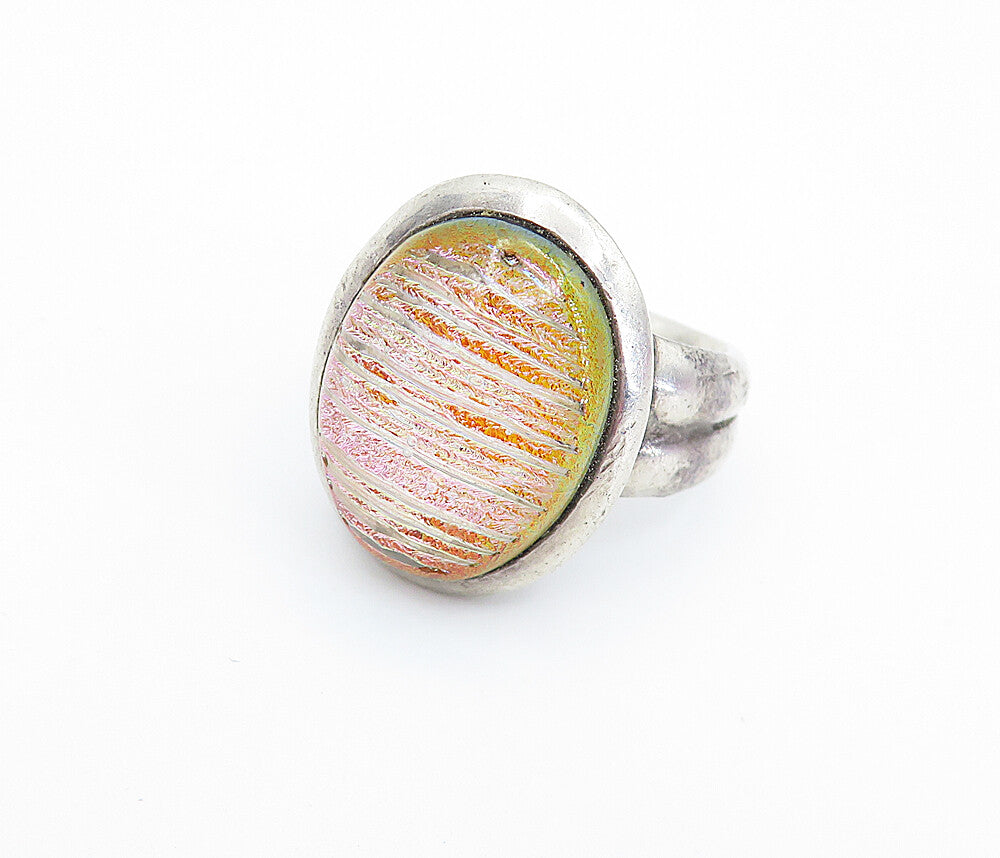 925 Sterling Silver  Vintage Shimmering Glass Art Cocktail Ring Sz 6  RG6822