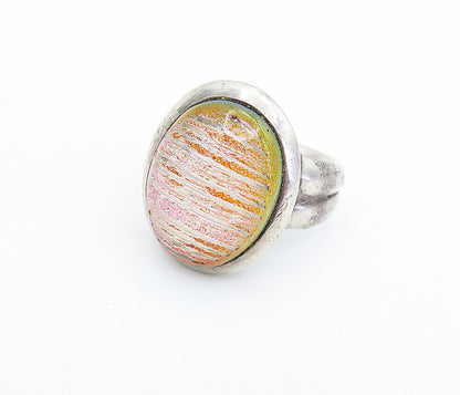 925 Sterling Silver  Vintage Shimmering Glass Art Cocktail Ring Sz 6  RG6822
