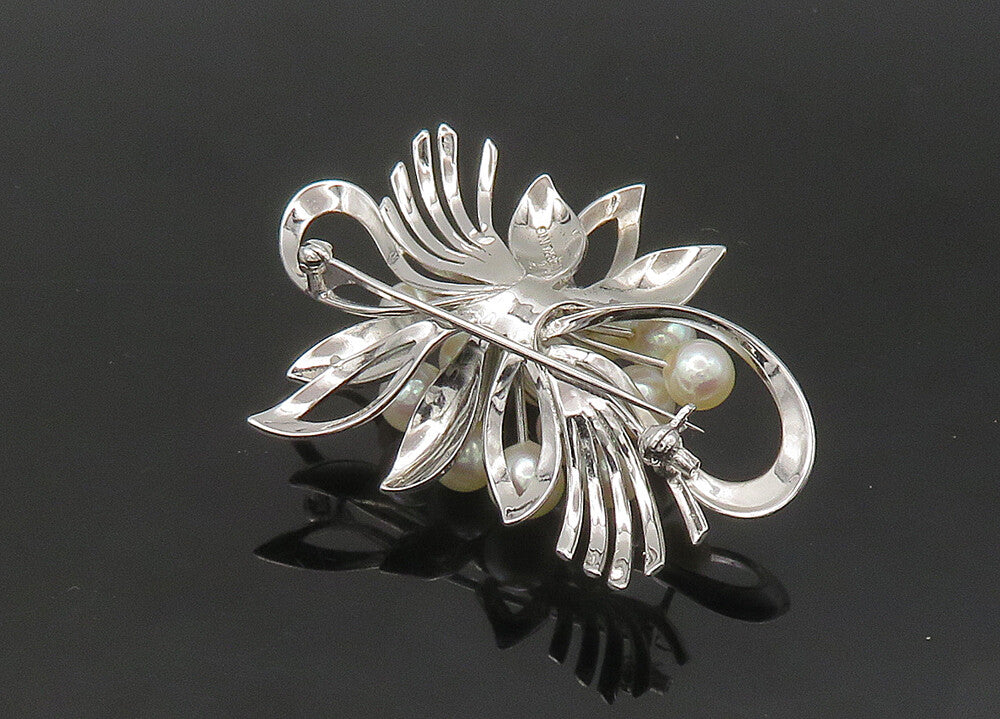 925 Sterling Silver  Vintage Shiny Pearl Cluster Ribbon Brooch Pin  BP8686