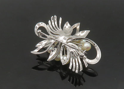 925 Sterling Silver  Vintage Shiny Pearl Cluster Ribbon Brooch Pin  BP8686