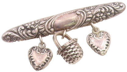 925 Sterling Silver  Vintage Love Hearts & Basket Charmed Brooch Pin  BP8528