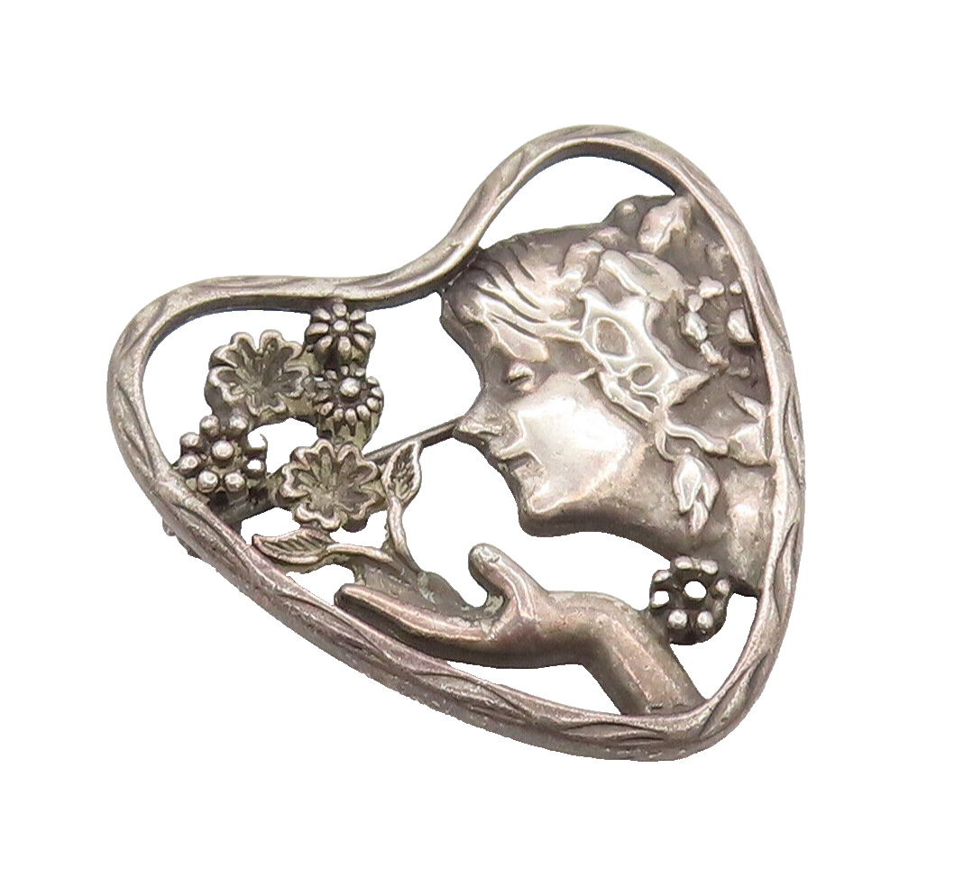 925 Silver  Vintage Antique Flower Lady Cutout Heart Brooch Pin  BP10149