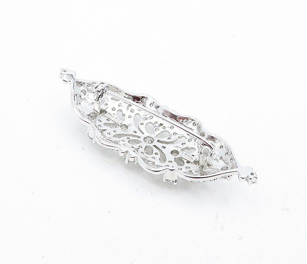 925 Sterling Silver  Victorian Shiny Cubic Zirconia Floral Brooch Pin  BP1951