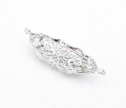 925 Sterling Silver  Victorian Shiny Cubic Zirconia Floral Brooch Pin  BP1951