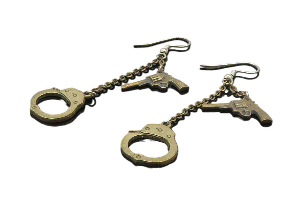 925 Sterling Silver  Vintage Dark Tone Gun & Handcuffs Dangle Earrings  EG4713