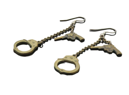 925 Sterling Silver  Vintage Dark Tone Gun & Handcuffs Dangle Earrings  EG4713