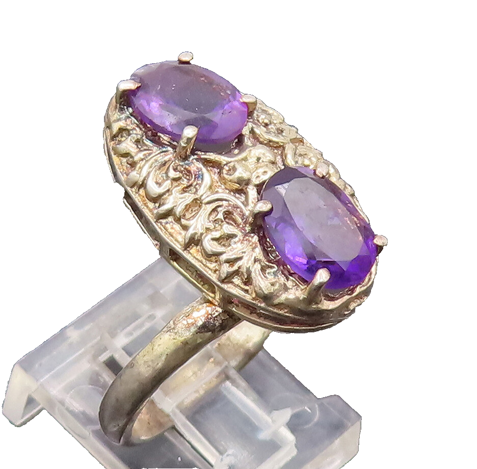 925 Sterling Silver Vintage Ring Hammered Oval Amethyst Adjustable Sz 9  RG27615