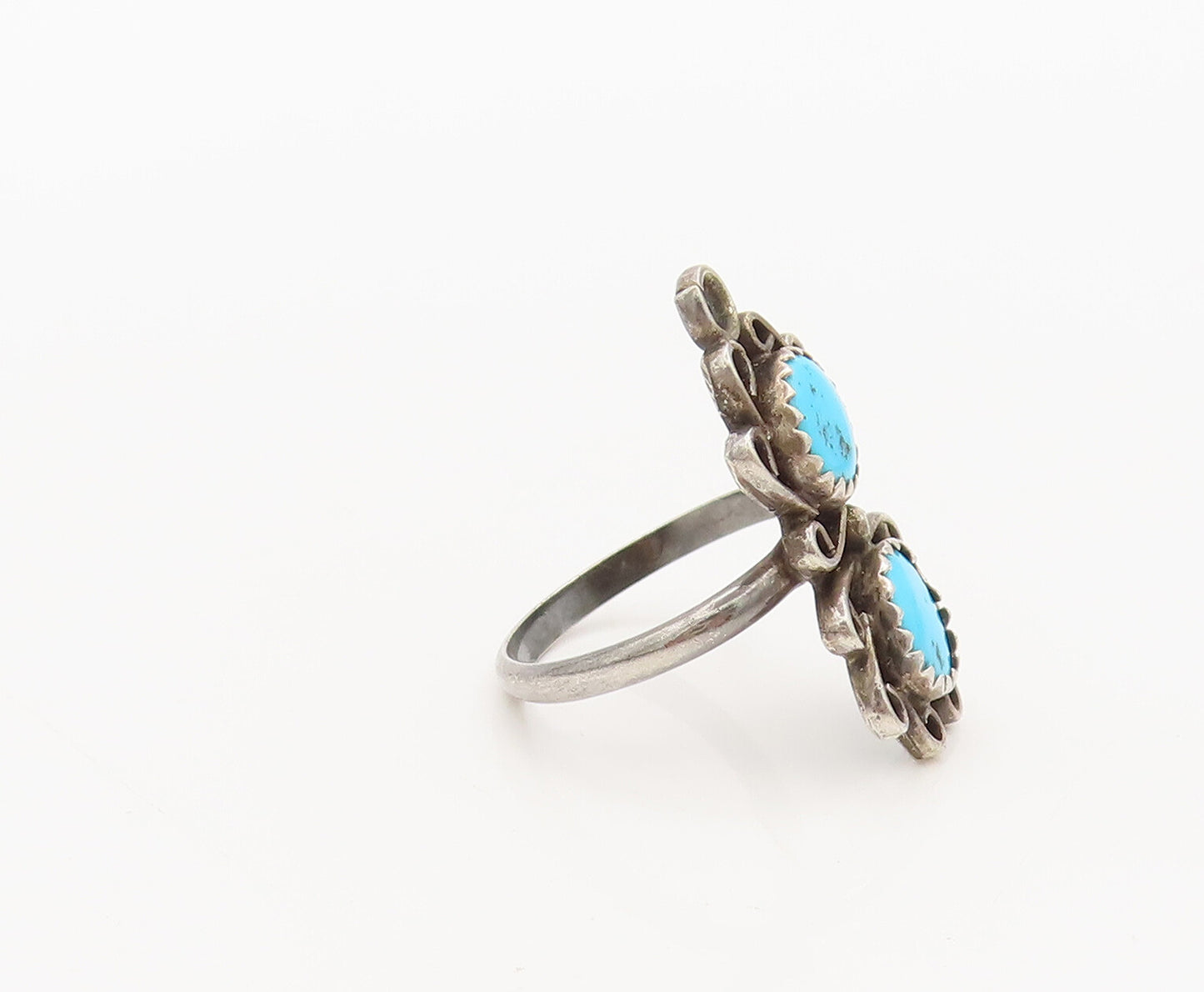 925 Silver Vintage Southwestern Turquoise Swirly Flowers Ring Sz 7 RG27237