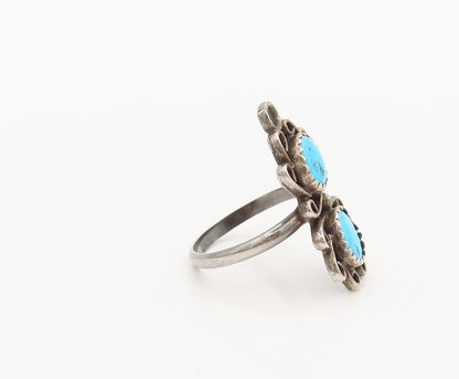 925 Silver Vintage Southwestern Turquoise Swirly Flowers Ring Sz 7 RG27237