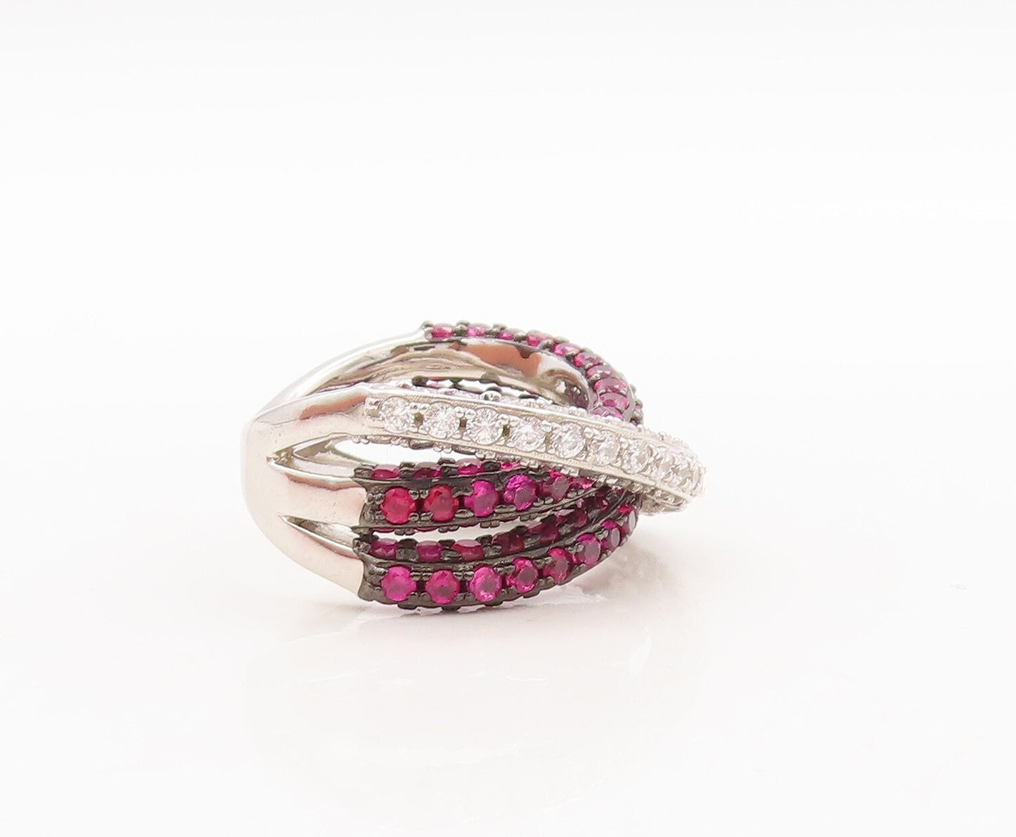 925 Sterling Silver Vintage Ring Modernist Pink & White Topaz Bands Sz 7 RG29792
