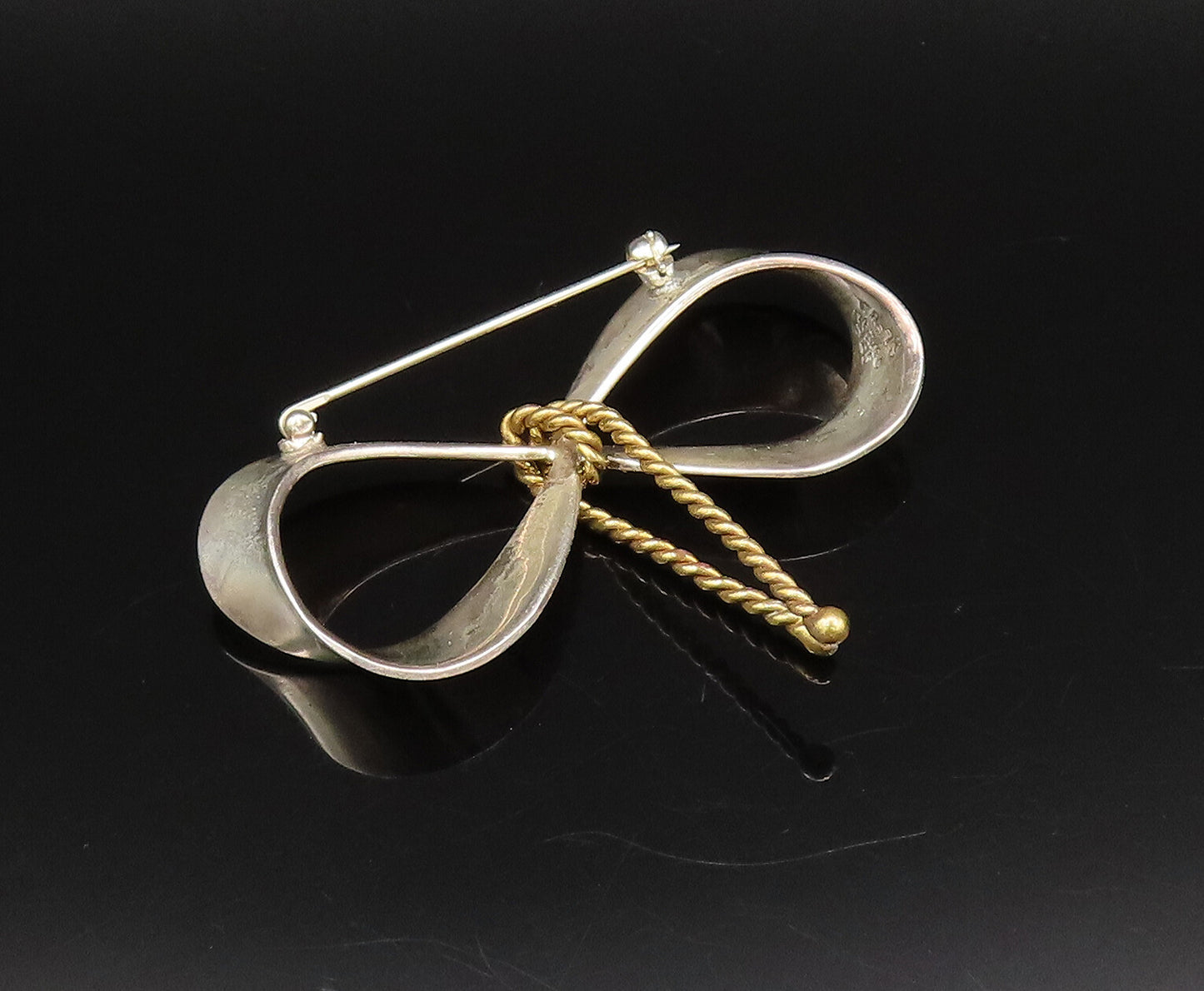 MEXICO 925 Sterling Silver Vintage Two Tone Ribbon Bow Tie Brooch Pin BP10040