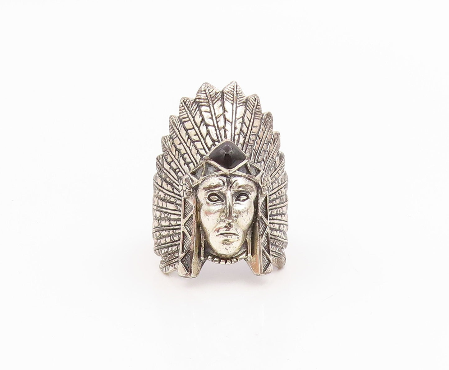 925 Sterling Silver Vintage Ring SILVER CLOUD Onyx Native Chief  Sz 11  RG35353