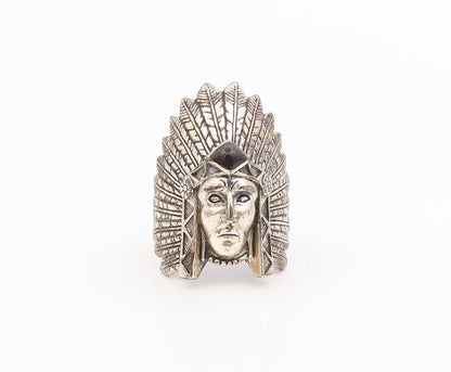 925 Sterling Silver Vintage Ring SILVER CLOUD Onyx Native Chief  Sz 11  RG35353