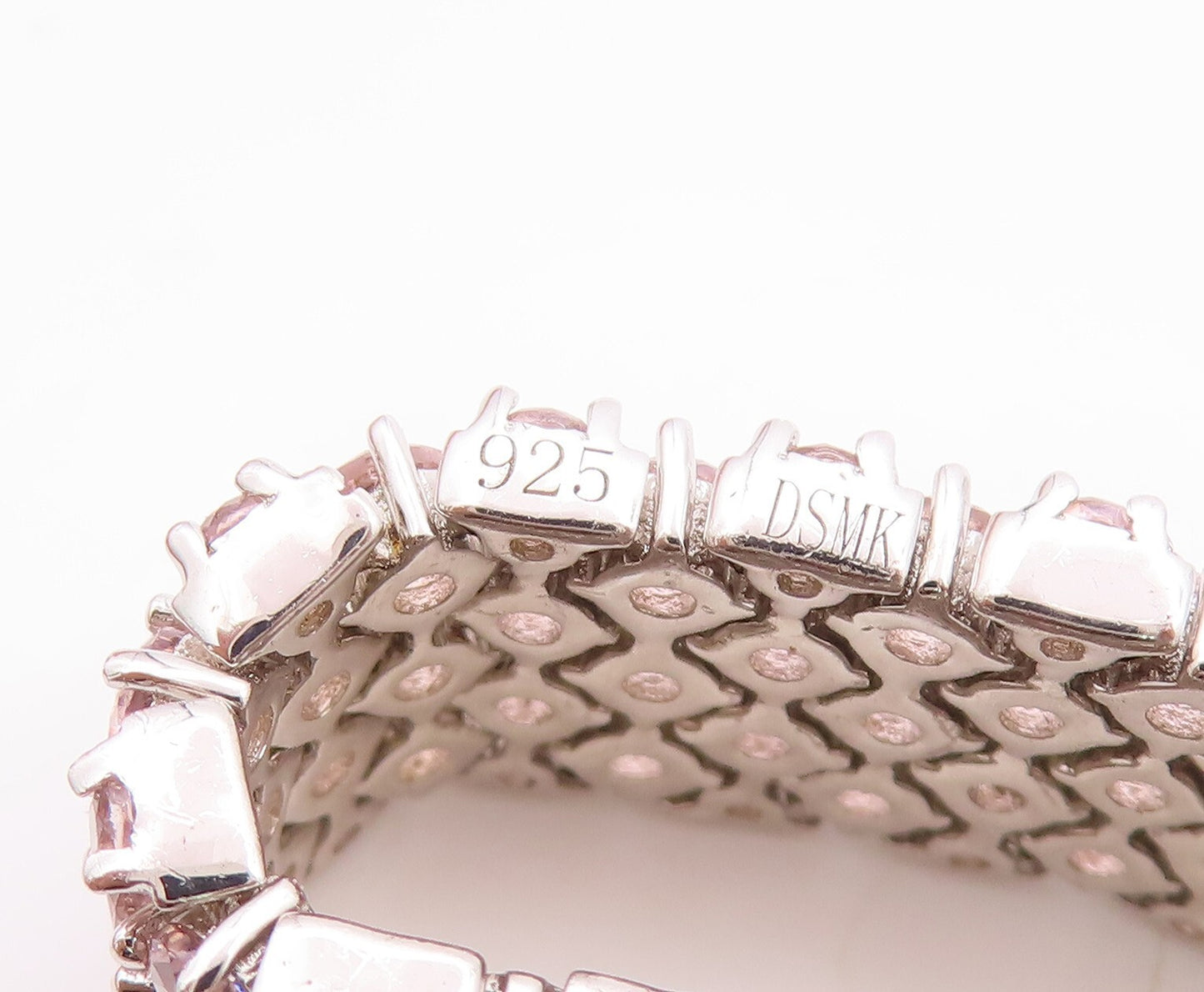 925 Sterling Silver Vintage Ring Pink Gemstones Inlay Broad Band  Sz 7.5 RG29484