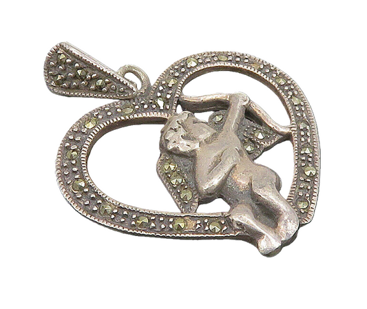 925 Sterling Silver  Vintage Cupid Angel Marcasite Love Heart Pendant  PT20880