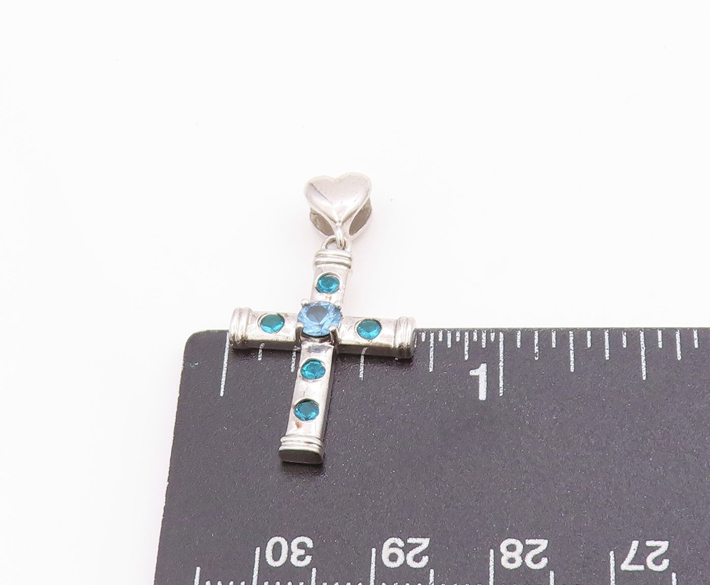925 Sterling Silver Vintage Pendant Blue Topaz Religious Cross & Heart  PT24914