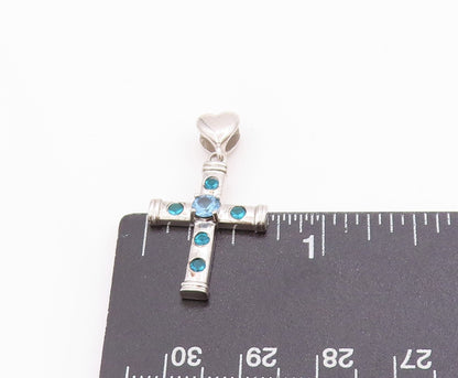 925 Sterling Silver Vintage Pendant Blue Topaz Religious Cross & Heart  PT24914