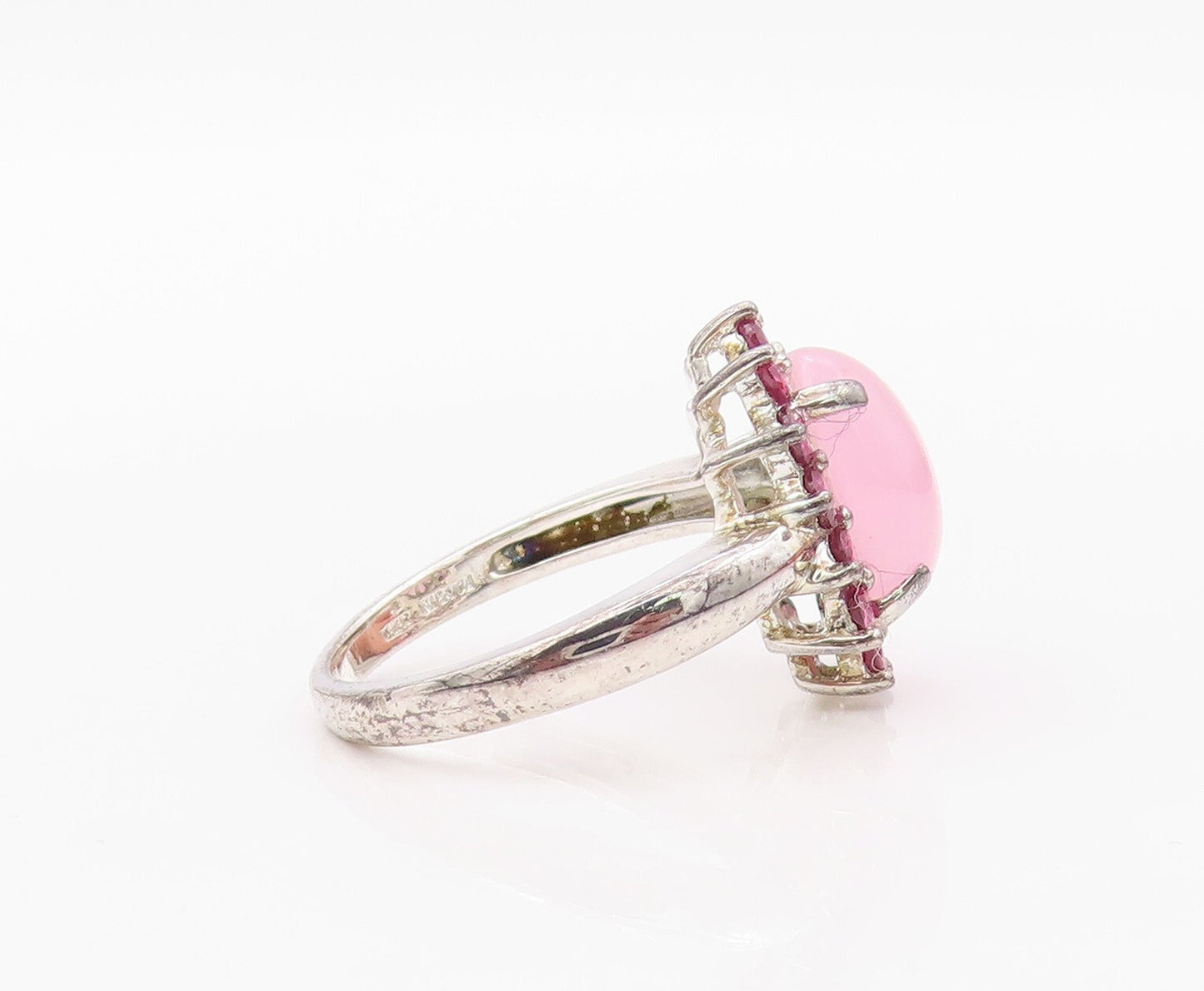 925 Sterling Silver Vintage Ring Cabochon Gemstone Halo Pink CZ  SZ 8  RG32034