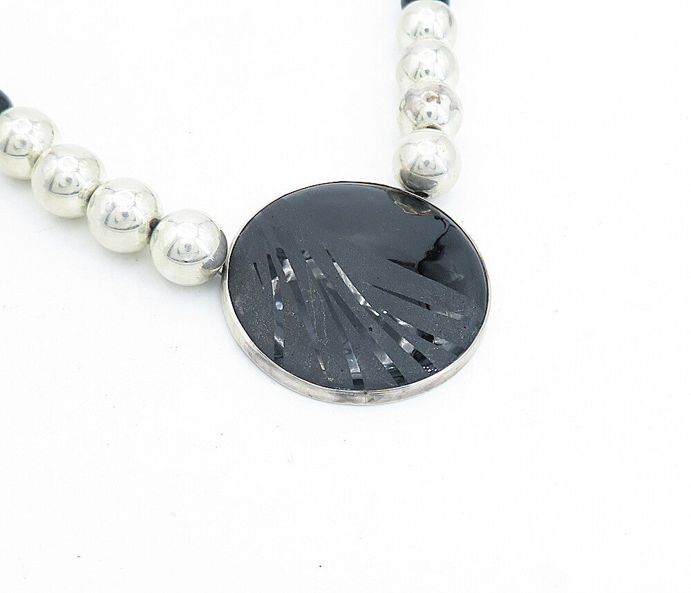 925 Sterling Silver  Vintage Black Onyx Shiny Ball Bead Chain Necklace  NE1080