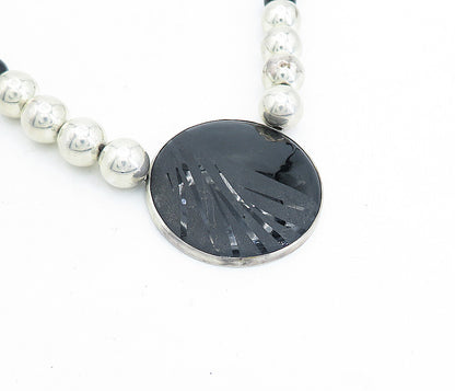 925 Sterling Silver  Vintage Black Onyx Shiny Ball Bead Chain Necklace  NE1080