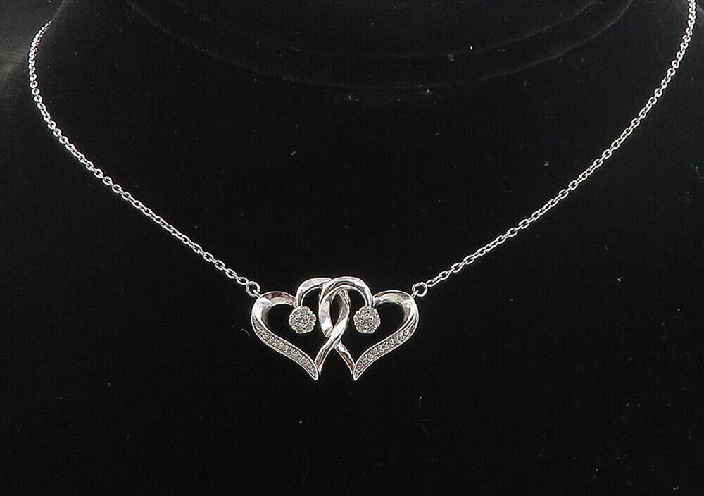 925 Sterling Silver  Genuine Diamonds Double Love Heart Chain Necklace  NE1372