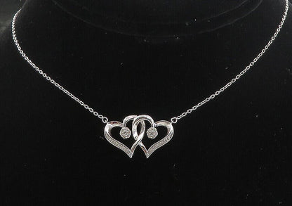 925 Sterling Silver  Genuine Diamonds Double Love Heart Chain Necklace  NE1372