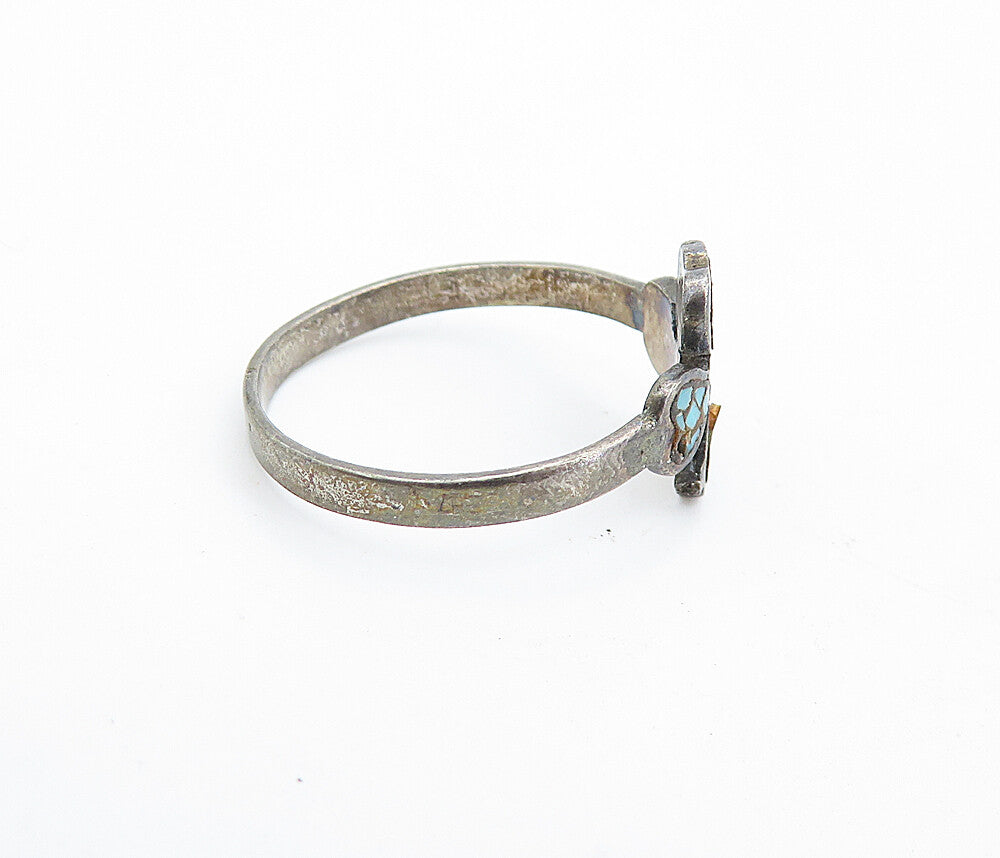 SOUTHWESTERN 925 Silver Vintage Turquoise Clover Band Ring Sz 6.5 RG5515