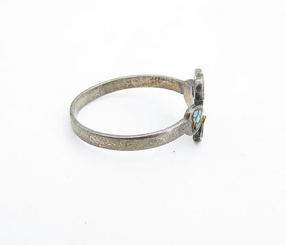 SOUTHWESTERN 925 Silver Vintage Turquoise Clover Band Ring Sz 6.5 RG5515
