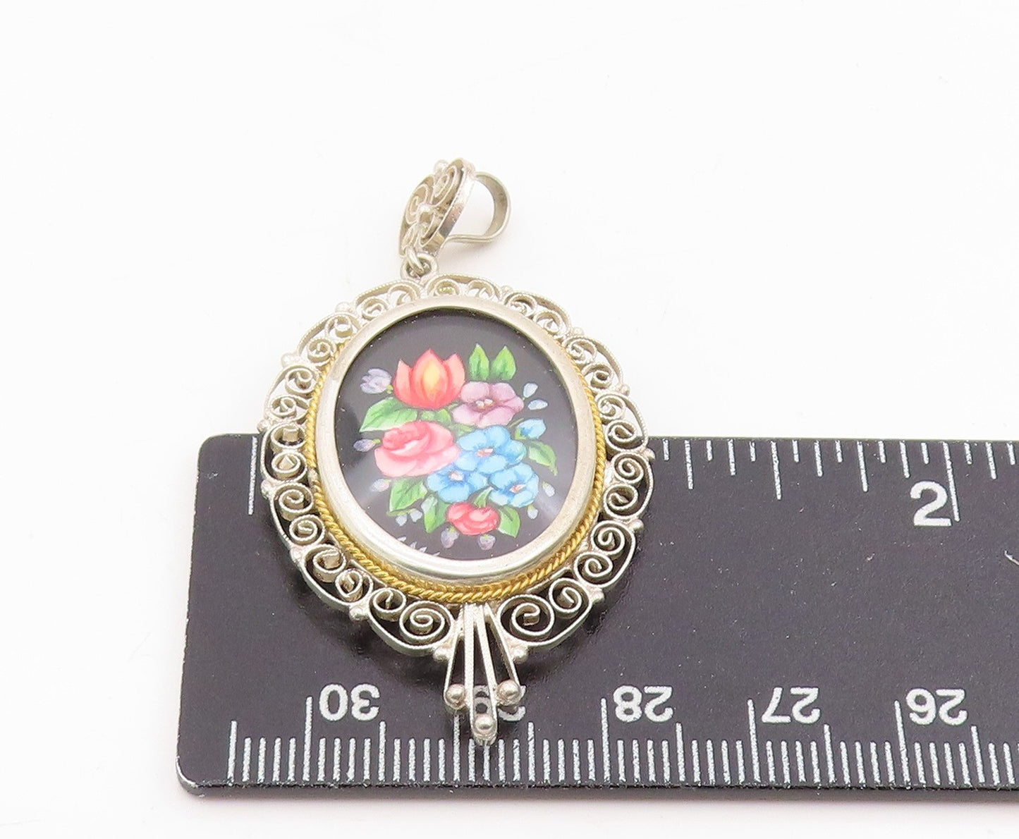 925 Sterling Silver Vintage Pendant Oval Enamel Filigree Flower Bouquet  PT25723