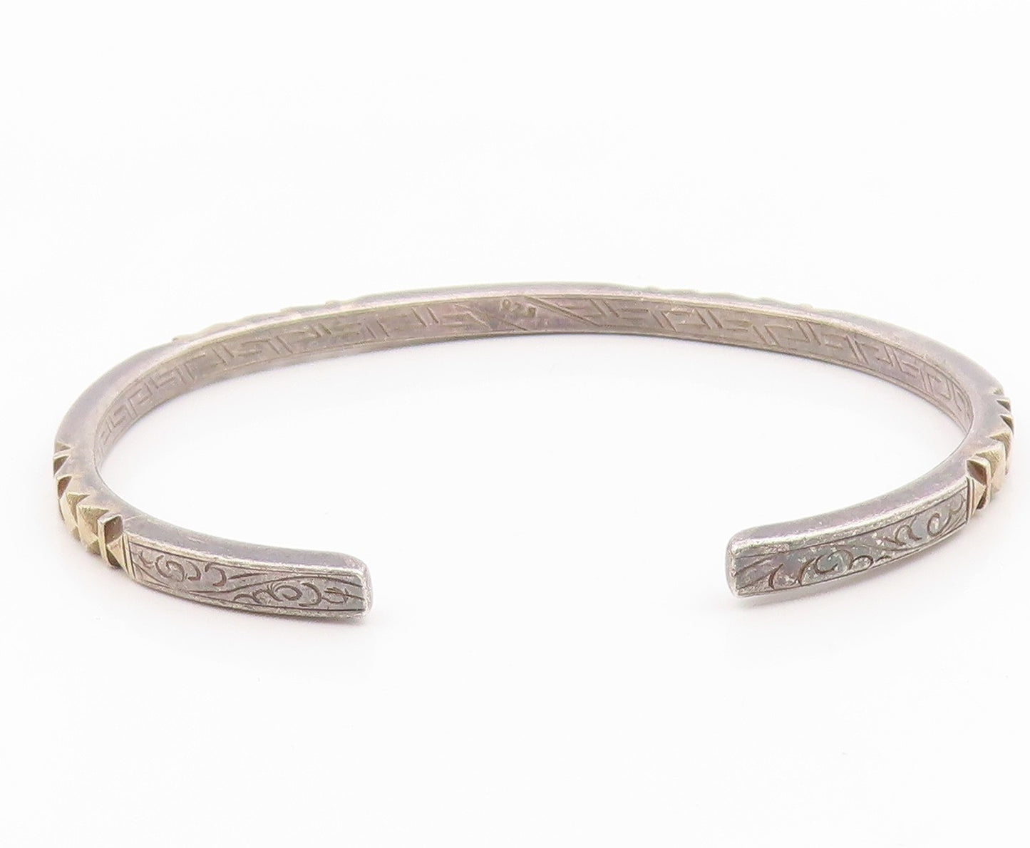 925 Sterling Silver Vintage Bracelet Two Tone Geometric Carved Cuff  BT11808