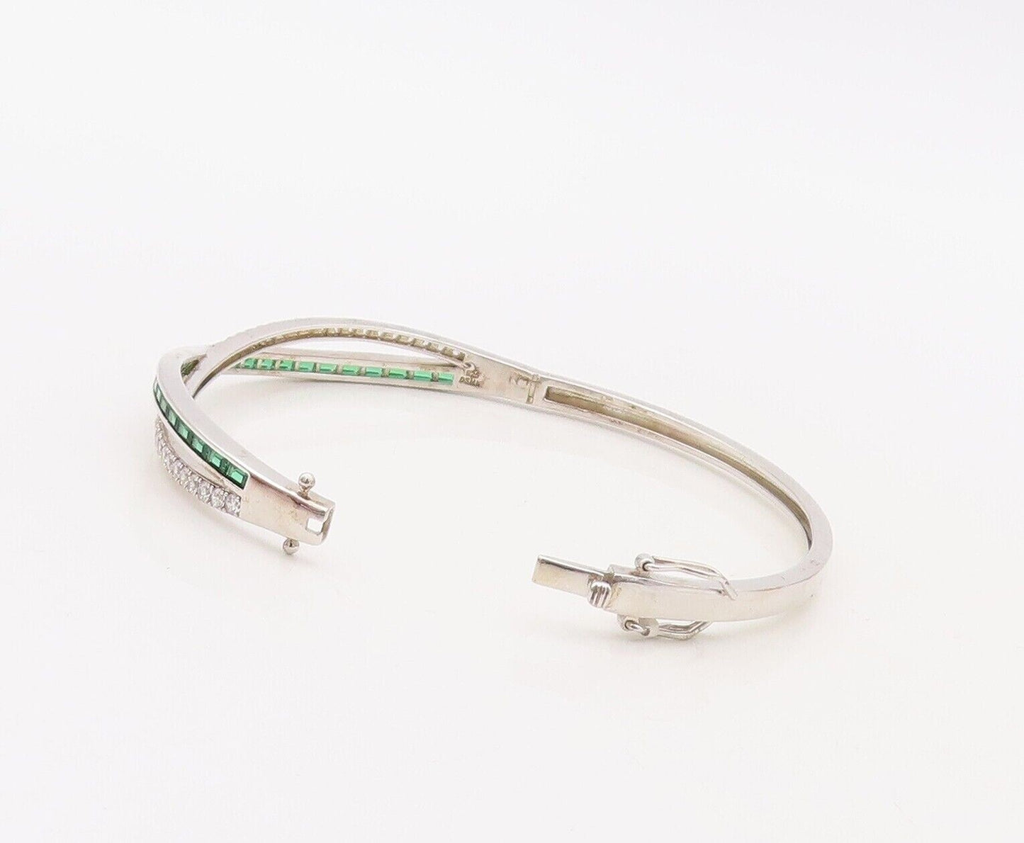 925 Sterling Silver Vintage Bracelet X Cutout Green & White Topaz Bands  BT10717