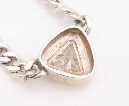 925 Sterling Silver Vintage Necklace Heavy Curb Link Triangle Cut CZ  NE4382