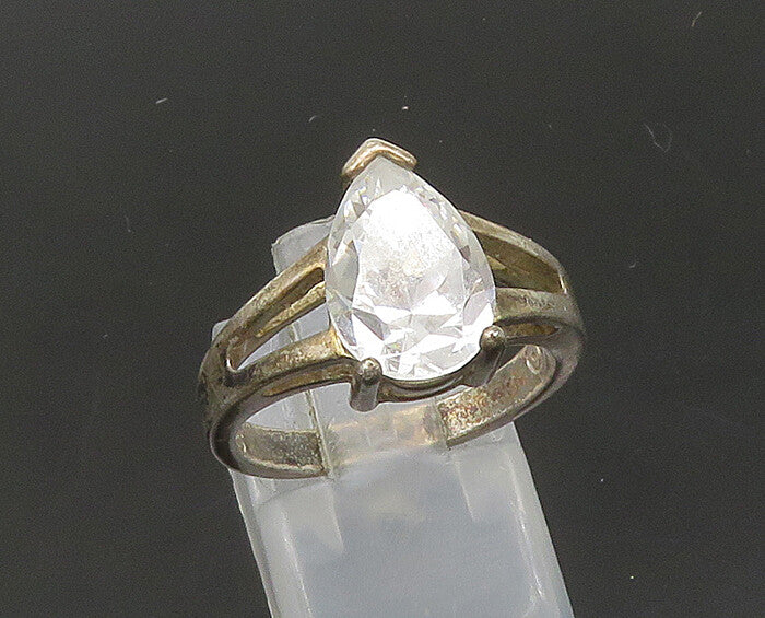 925 Silver  Vintage Tear Drop Cubic Zirconia Solitaire Ring Sz 7  RG22197