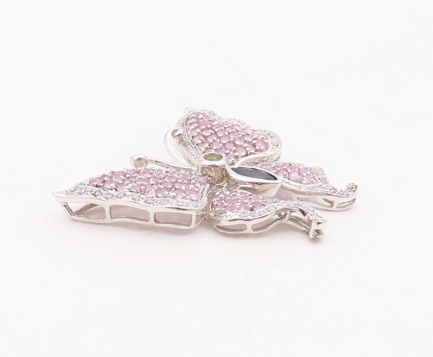 925 Sterling Silver Vintage Pendant Real Diamonds & Gemstone Butterfly  PT26338