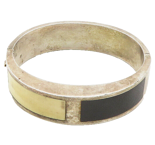 SPAIN 925 Sterling Silver  Vintage Inlaid Black Onyx Bangle Bracelet  BT7557