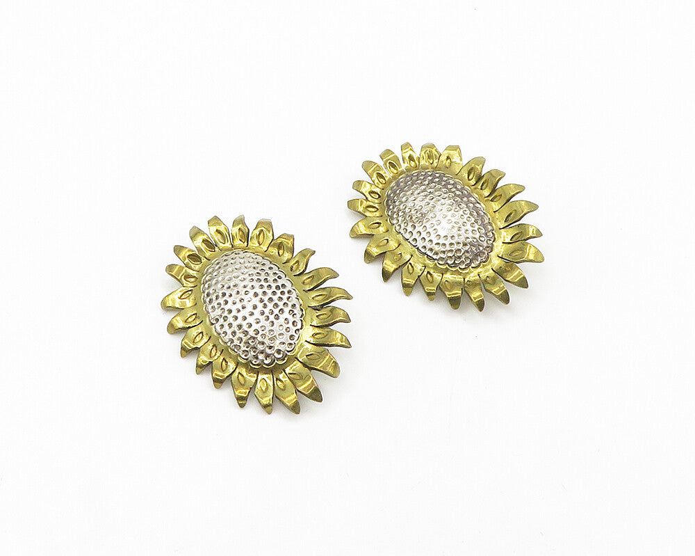 MEXICO 925 Silver  Vintage 2 Tone Sunflower Motif Non Pierce Earrings  EG9199
