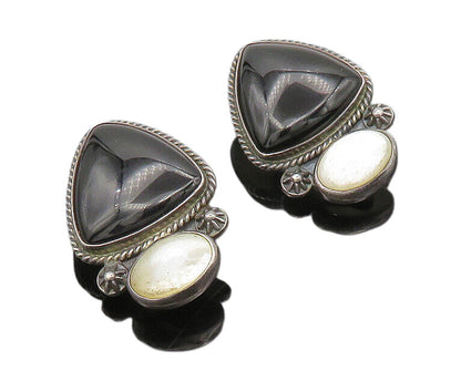 REVE 925 Silver  Vintage Onyx & Mother Of Pearl Non  Pierce Earrings  EG10289